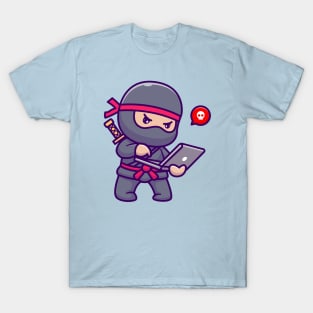 Cute Ninja Working On Laptop Cartoon T-Shirt